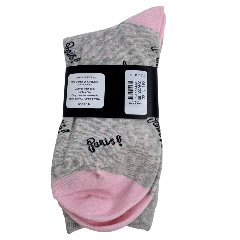 Talbots Women's Trouser‎ Socks Paris Script Gray Pink Cotton Blend NWT Art Deco